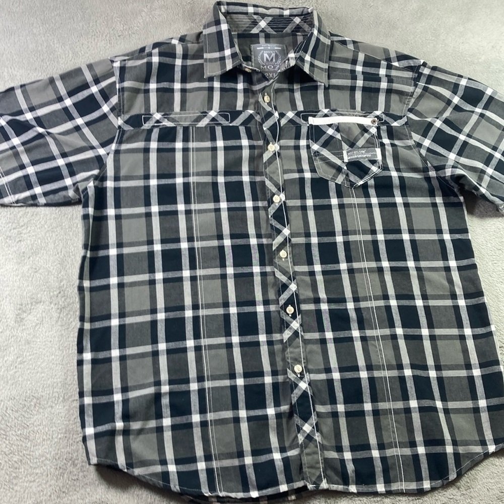 Mo7 Shirt Men Size 2XL Black & Gray Plaid 100% Cotton Short Sleeve